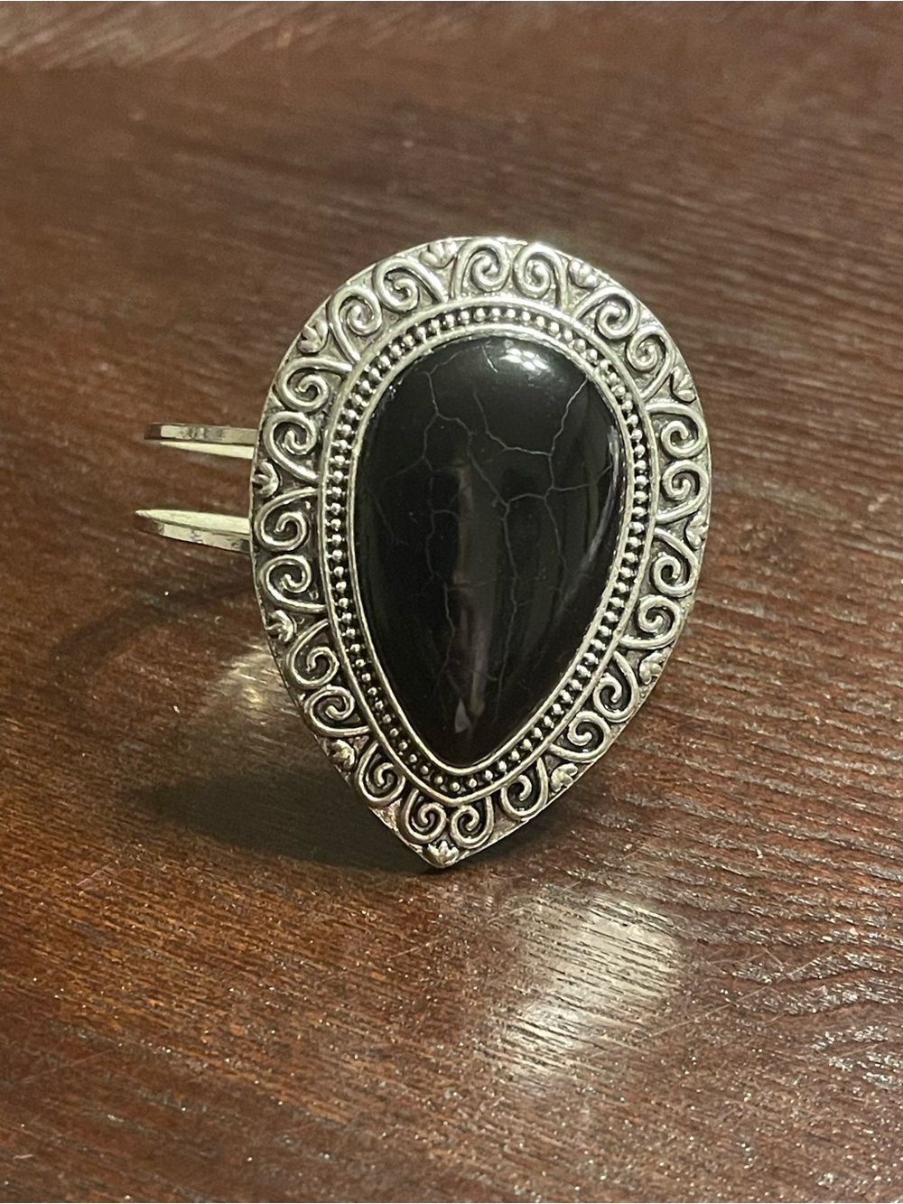 Black Teardrop Stone Silver-Tone Statement Bracelet